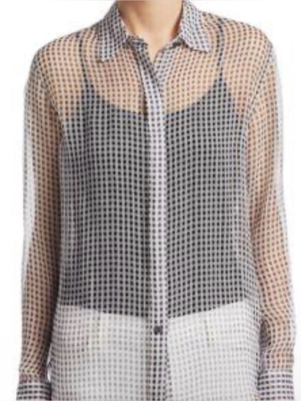 Theory Womens Black White Plaid Gingham Sheer Button Down Shirt Top Blouse S